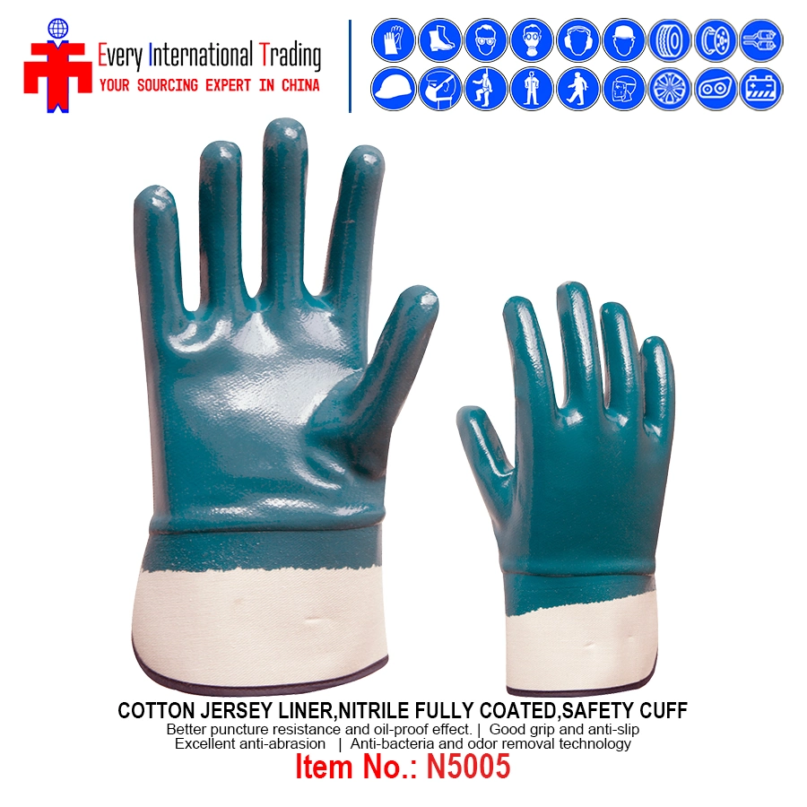 Industrial Nitrile Safety Gloves Cotton Liner Nitrile Fully Coated Smooth Finish Safety Cuff Work Gloves